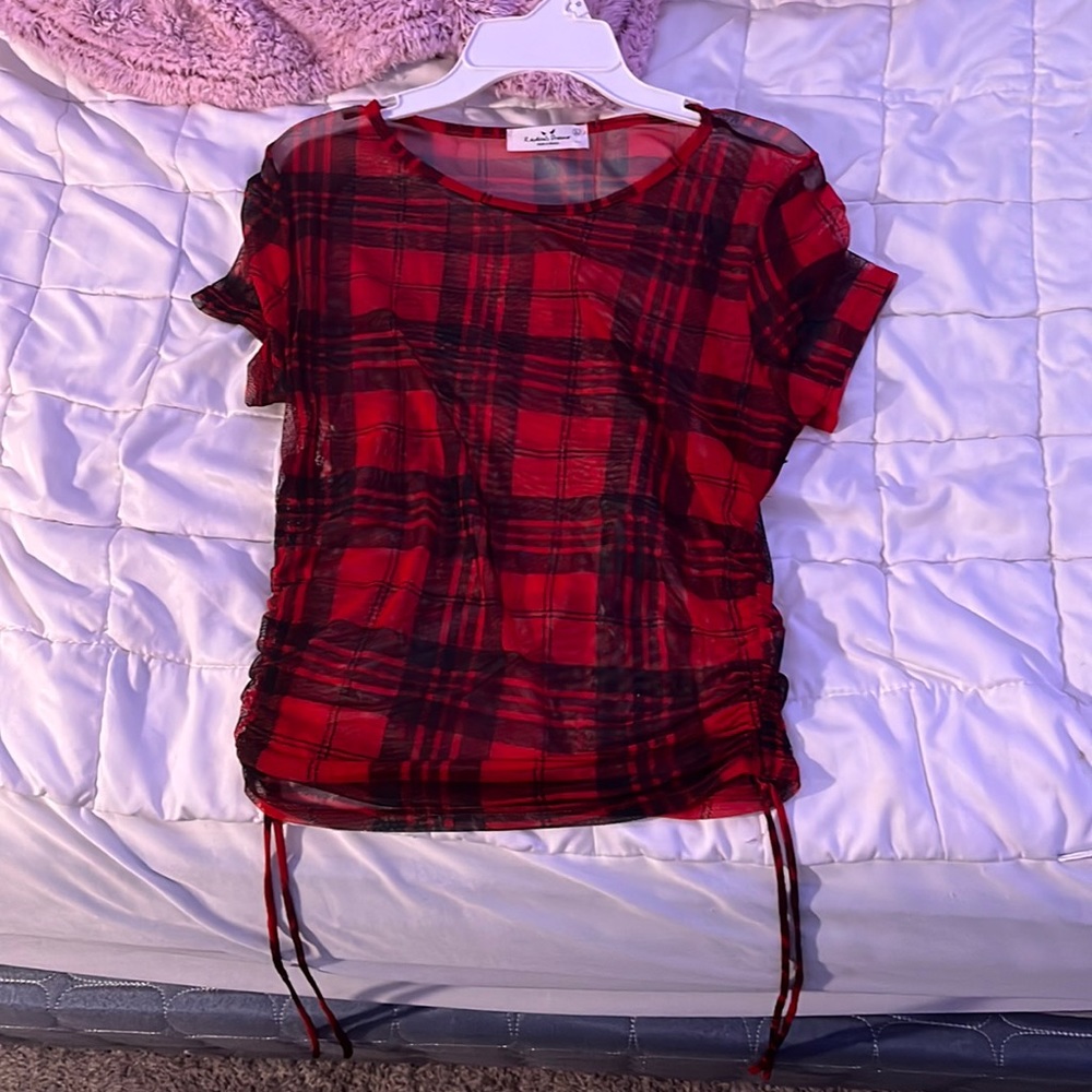 Mesh crop top, ties up the sides, red and black plaid
